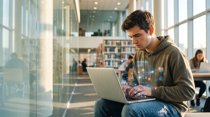 Fototapeta premium Male university student using laptop with 3D data constellation and holographic code nodes in sunlit library with copy space