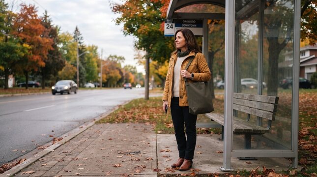Woman waiting at bus stop in autumn city street.