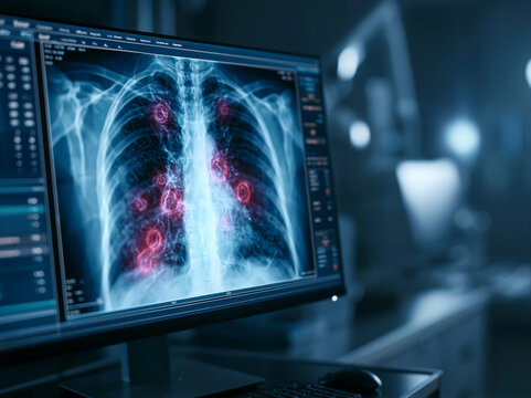Chest X-ray glowing on a sleek medical monitor in a dark reading room, cinematic cool blue lighting, subtle red nodule markers, clean right negative space for healthcare AI presentations.
