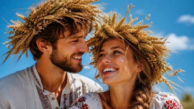 Young couple smiling together in wheat hats under a blue sky  
