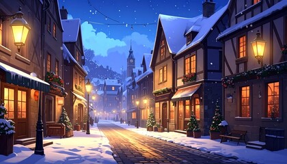 Fototapeta premium Anime-Style Illustration of a Snowy European Village Street at Winter Night