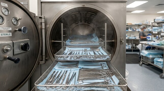 Surgical instruments in an industrial autoclave for sterilization in a hospital laboratory.