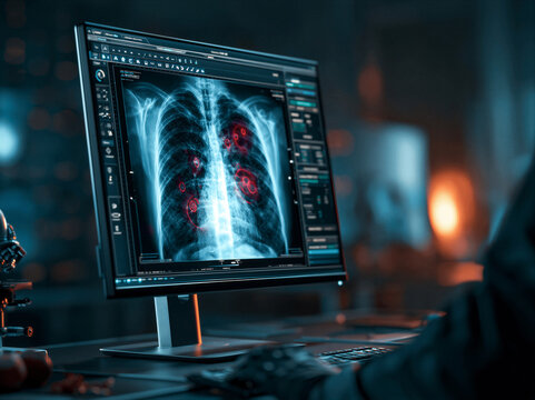 Chest X-ray glowing on a sleek medical monitor in a dark reading room, cinematic cool blue lighting, subtle red nodule markers, clean right negative space for healthcare AI presentations.