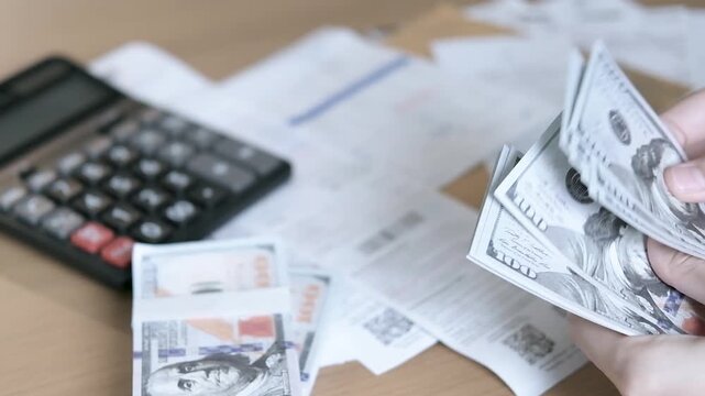 Close-up of hands counting US dollar banknotes over bills and financial documents with calculator, representing budgeting, expenses, debt, payment, accounting and personal finance.
