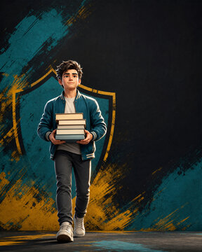 Student boy carrying books on artistic background. Young male student with textbook stack. Education and school concept with shield motif.