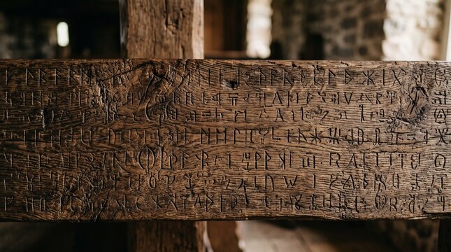 Carved wooden beam displays ancient runic inscriptions in a rustic setting
