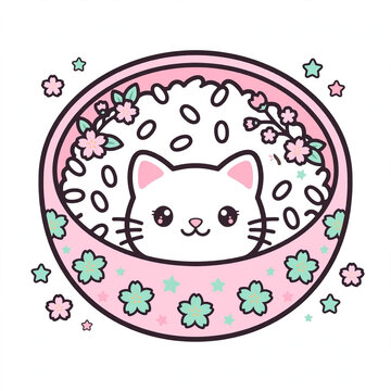 Kawaii cat rice bowl vector illustration pastel pink sakura pattern