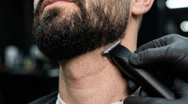 Close-up of a barber using an electric trimmer to style a man's beard, showcasing grooming and personal care services