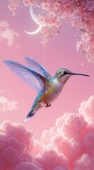 Fototapeta premium Small hummingbird flies midair over pink clouds near moon and cherry blossoms. Tiny bird has blue translucent wings, blurred motion. Fantasy creature in soft sky.