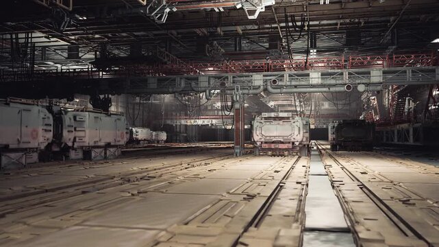Abandoned vehicle bay with service tracks and dim overhead lights, rows of inactive transport units and collected dust create cinematic stillness, scene implies