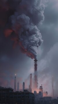 Industrial Smoke and Pollution Over Factory Skyline With Tower Emissions at Dusk
