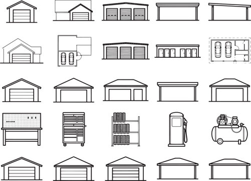 A collection of line drawings illustrating various types of garages, including different door styles and some with floor plans. Also depicted are shelving units, a vintage gas pump.