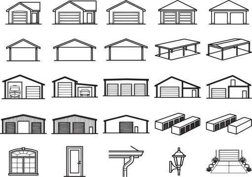 Collection of garage and building icon illustrations with different architectural styles