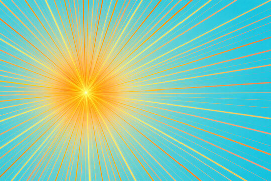 Vibrant sunburst background with golden light rays, abstract yellow sun flare on turquoise sky, radiant solar energy burst effect