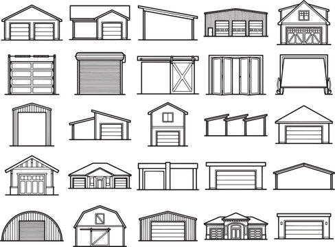 A collection of various garage and shed designs, each illustrated with clean, crisp lines. The images showcase different architectural styles, from modern to traditional.