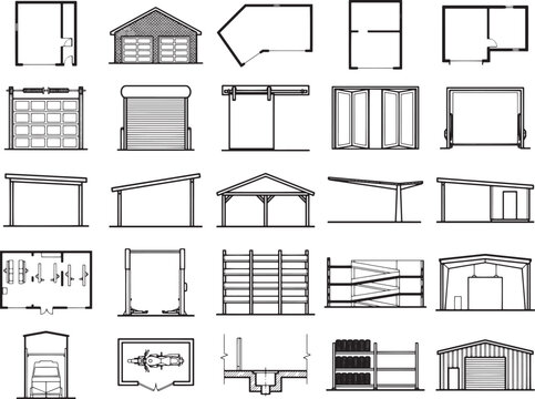 A collection of architectural drawings and blueprints depicting various garage and building designs, including floor plans, elevations, and cross-sections