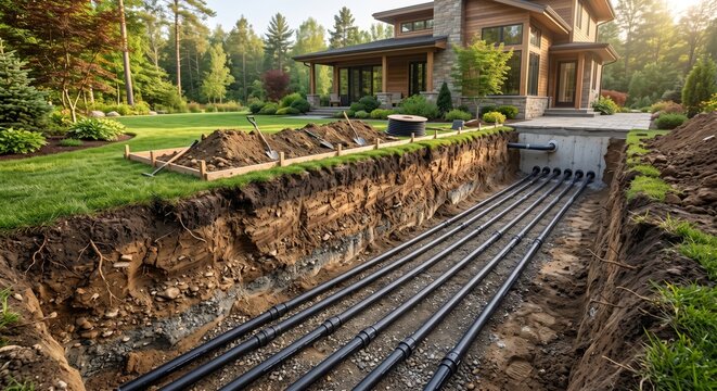Underground geothermal loop system installation in modern residential landscape with excavation and buried pipes