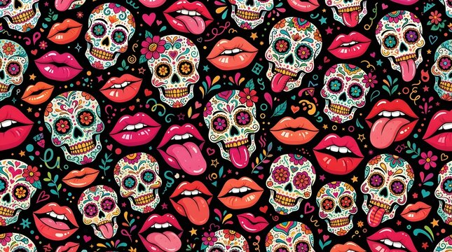 Sugar skulls and lips colorful seamless pattern