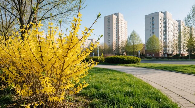 Bright yellow forsythia bush blooms along a city sidewalk in spring. Tall apartment buildings rise behind lush green grass and trees on a sunny day.