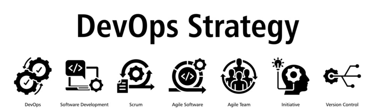 DevOps Strategy web banner icon vector illustration with DevOps, Software Development, Scrum, Agile Software, Agile Team, Initiative and Version Control icons