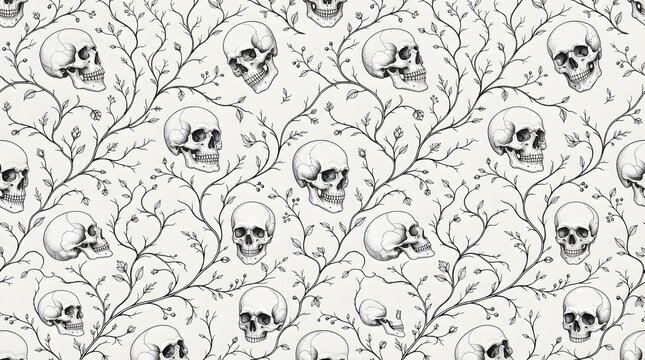 Seamless pattern with handdrawn skulls and intricate vine branches