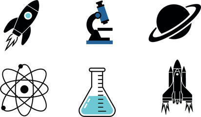 Science and space exploration icon set, flat physics atom microscope rocket and planet vectors © Mim