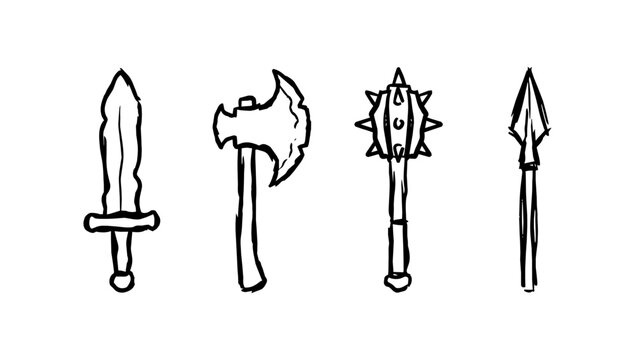 Simple doodle line art gracefully displaying ancient medieval sword battle axe mace and spear