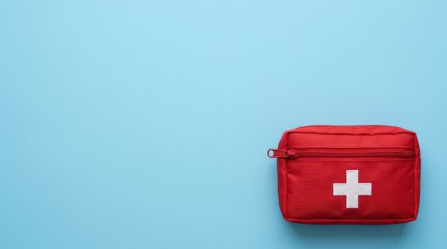Red First Aid Kit Bag with White Cross on Blue Background with Copy Space for Medical Emergency and Safety Concepts