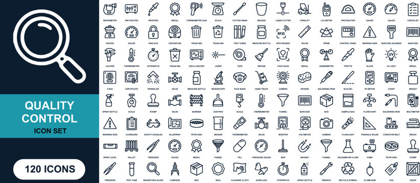 Quality Control Icon Set: A comprehensive collection of 120 icons representing various aspects of quality control, analysis, and testing, including a prominent magnifying glass graphic.