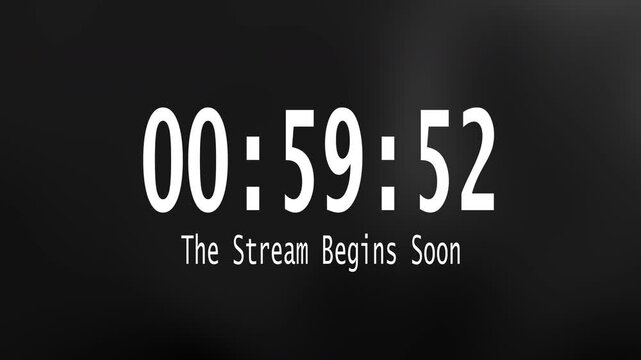 White digital clock numbers abstract dark background text stream starts soon countdown timer for event promotions, online broadcasts, and upcoming shows