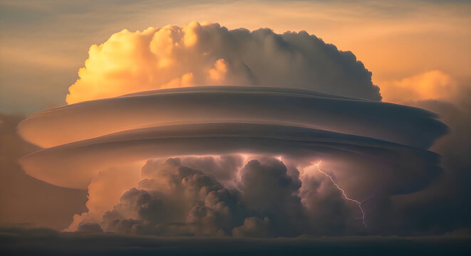 Thunderstorm cloud with lenticular layers and lightning at sunset
