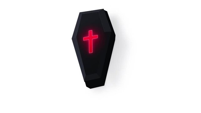 Black coffin with glowing red cross on white background. 4K Video