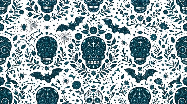 Seamless pattern with sugar skulls, bats, and spiders