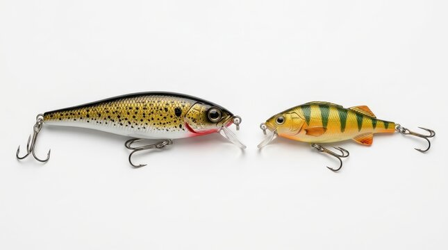 Set of Two Artificial Fishing Lures Minnow Crankbaits with Sharp Treble Hooks on White Background