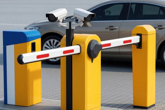 Automated barrier arm controls vehicle entry. Cameras monitor access at parking lot. Yellow bollards and boom gate ensure secure zone. Car waits for clearance.