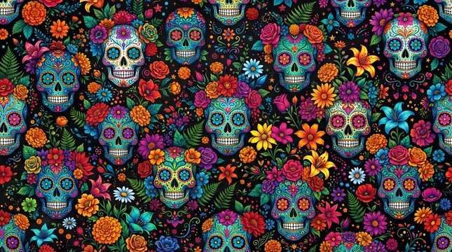 Colorful floral sugar skull seamless pattern