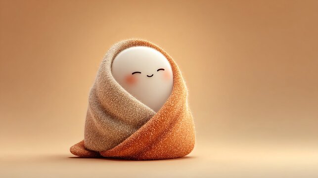peaceful cozy ghost wrapped in a textured orange blanket with a gentle smile, warm autumn atmosphere, soft sunlight and minimalist background
