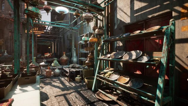 sunlit medina bazaar aisle with pottery, narrow market alley lined with teal wooden shelves and rows of vases and ceramics, brass lanterns and copper pots,