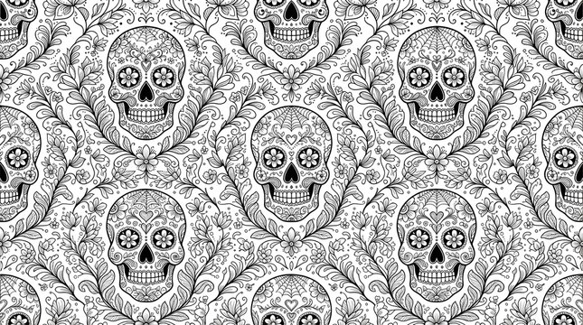 Black and white damask pattern with sugar skulls