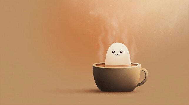 sleepy little ghost resting inside a dark coffee cup with rising steam, warm caramel lighting and an uncluttered left side, creating a cozy whimsical scene with generous copy space