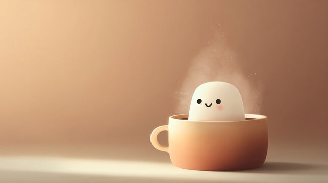 smiling ghost rising from a warm ceramic coffee cup with soft steam and glowing light, cozy minimalist fantasy scene with spacious left copy area for seasonal designs