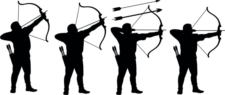 Archer aiming bow and arrow silhouette set, male hunter shooting sequences vector