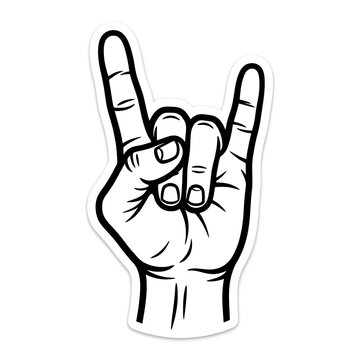 Rock On Hand Gesture: A black and white illustration depicts a hand performing the iconic rock on gesture, symbolizing music, rebellion, and excitement.