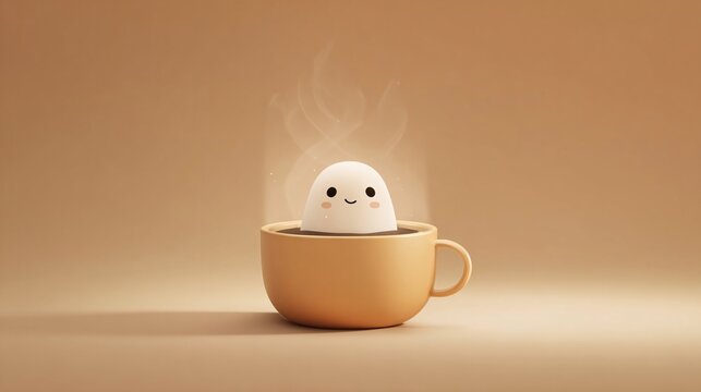 whimsical smiling ghost emerging from a steaming coffee mug on a softly illuminated caramel tabletop, cozy autumn inspired fantasy scene with atmospheric vapor and spacious copy area
