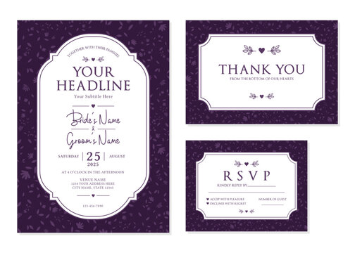 Dark Purple Botanical Pattern Wedding Invitation Suite Vector Template