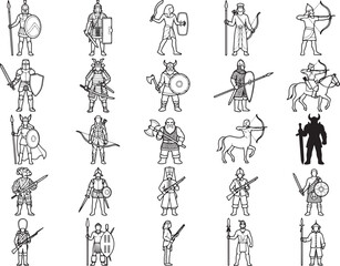 Naklejka premium Collection of stylized warriors from various historical periods and cultures, depicted in a black and white sketch style, holding weaponry and shields