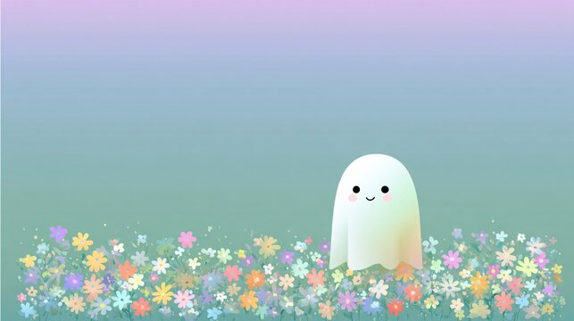 cute floating ghost above a colorful wildflower meadow, pastel spring fantasy scene with soft turquoise background, cheerful whimsical character and generous copy space
