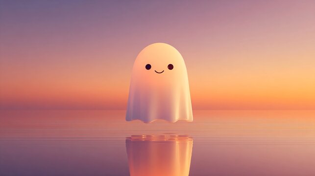 adorable smiling ghost floating above calm ocean water at pastel sunset, cute kawaii halloween character with dreamy purple orange gradient sky and copy space