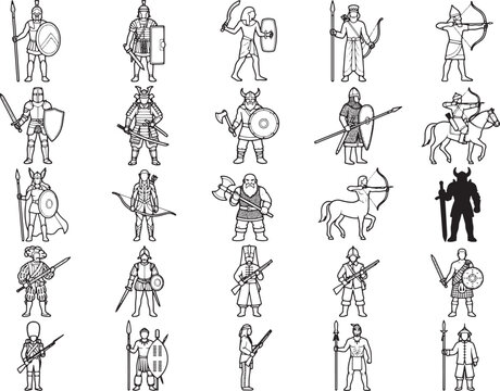 Collection of stylized warriors from various historical periods and cultures, depicted in a black and white sketch style, holding weaponry and shields