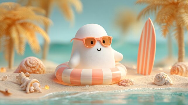 cute summer ghost enjoying a sunny tropical beach day in an inflatable swim ring with orange sunglasses and surfboard, surrounded by seashells, palm trees, soft ocean water and bright pastel colors